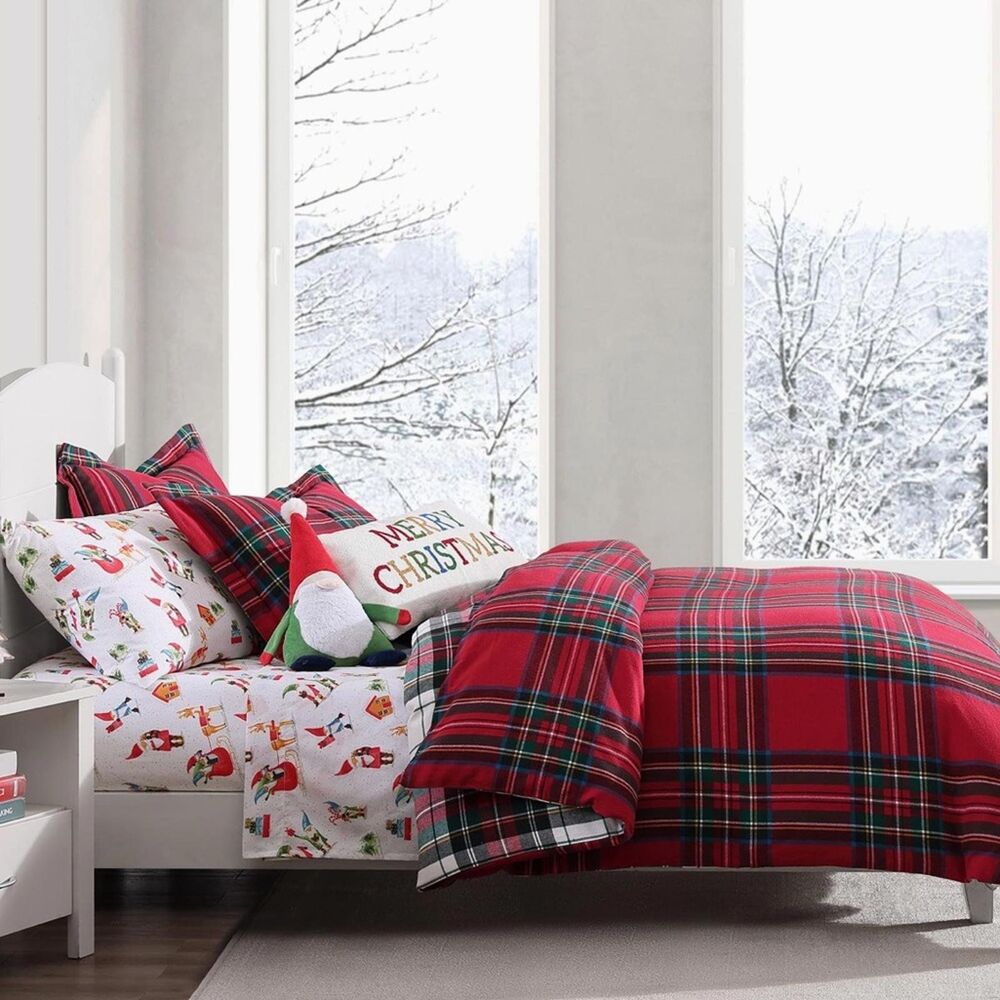 PB Style Queen Duvet Set Plaid Christmas Reversible Red & White 3 Piece NWT